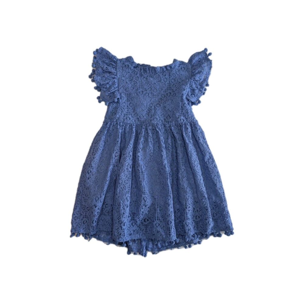 Girls Blue Lace Dress 3T 100 Coquette Whimsical Cortagecore Pom Pom Crochet